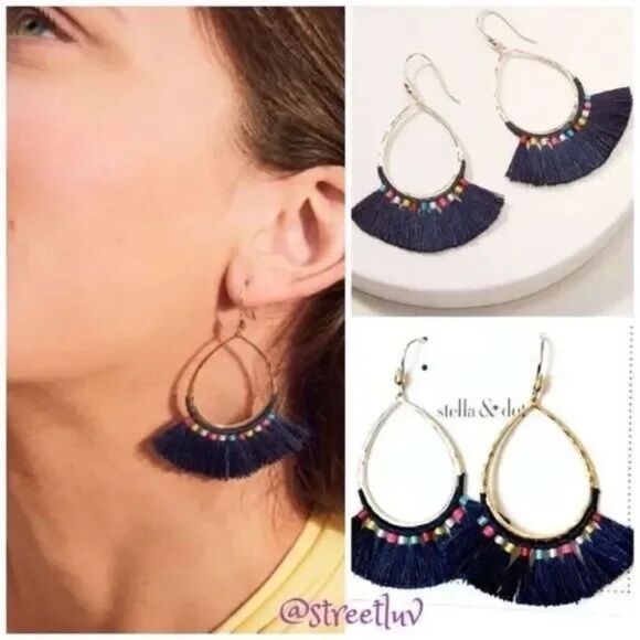 stella & dot ~ NWT modern bohemian fringe drop ~ navy multi - Picture 1 of 4